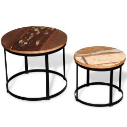 2 Piece Solid Reclaimed Wood Round Coffee Table Set - Complete Storage Solutions