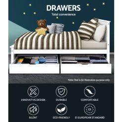 2x Storage Drawers Trundle for Single Wooden Bed Frame Base Timber White - Complete Storage Solutions