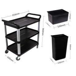 3 Tier Food Trolley with Two Bins - Black - Complete Storage Solutions