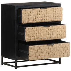 3 Drawer Solid Mango Wood Sideboard 60x35x70cm - Black & Brown - Complete Storage Solutions