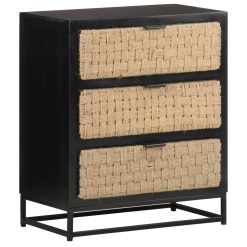 3 Drawer Solid Mango Wood Sideboard 60x35x70cm - Black & Brown - Complete Storage Solutions
