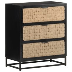 3 Drawer Solid Mango Wood Sideboard 60x35x70cm - Black & Brown - Complete Storage Solutions