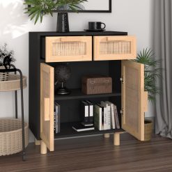 Pinewood and Natural Rattan Sideboard 60x30x75cm - Complete Storage Solutions