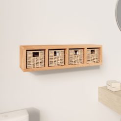 Walnut Wood Wall Shelf With Baskets 62x18x16cm