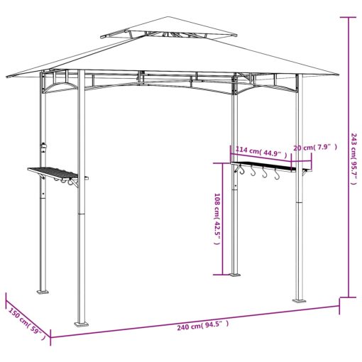 Steel BBQ Gazebo with Side Shelves 240x150x243cm - Anthracite - Image 8