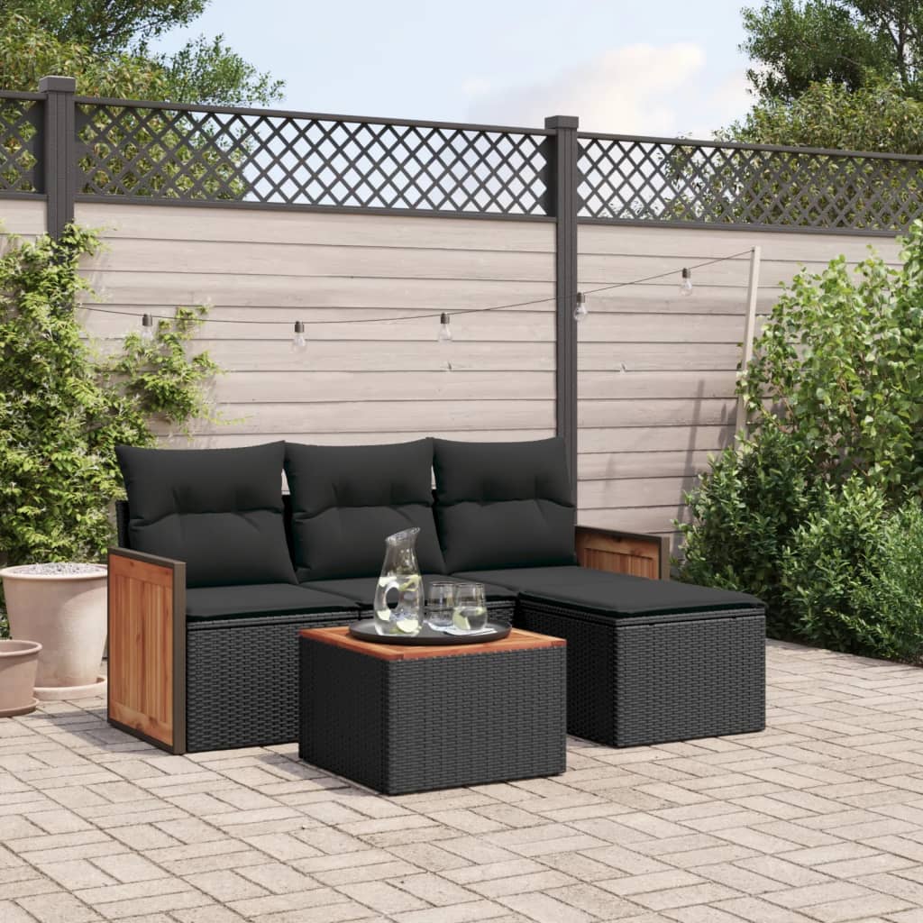 5 Piece Poly Rattan Garden Sofa Set with Cushions Black Complete