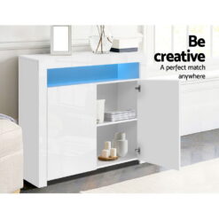 2 Door LED High Gloss Storage Cupboard - White - Complete Storage Solutions