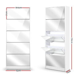 5 Drawer Mirrored Wooden Shoe Cabinet - White - Complete Storage Solutions