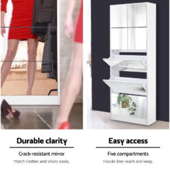 5 Drawer Mirrored Wooden Shoe Cabinet - White - Complete Storage Solutions