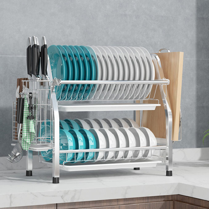 2 Tier Silver Kitchen Dish Rack Drainer 42.5x25x41cm