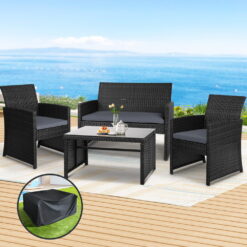 4 Piece Outdoor Sofa Set with Storage Cover - Black