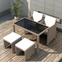 5 Piece Poly Rattan Outdoor Dining Set with Cushions Beige 123x60x74cm - White
