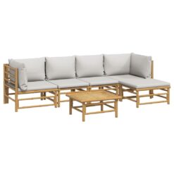 6 Piece Garden Lounge Set with Cushions Bamboo 55x65x30cm - Light Grey - Complete Storage Solutions