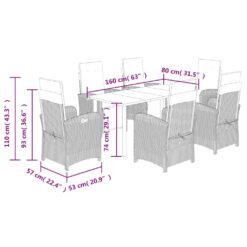 7 Piece Poly Rattan Garden Dining Set with Cushions 57x113x83cm - Black - Complete Storage Solutions
